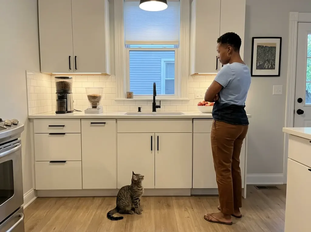 Woman standing back from a kitchen counter comparing two automatic cat feeders before buying