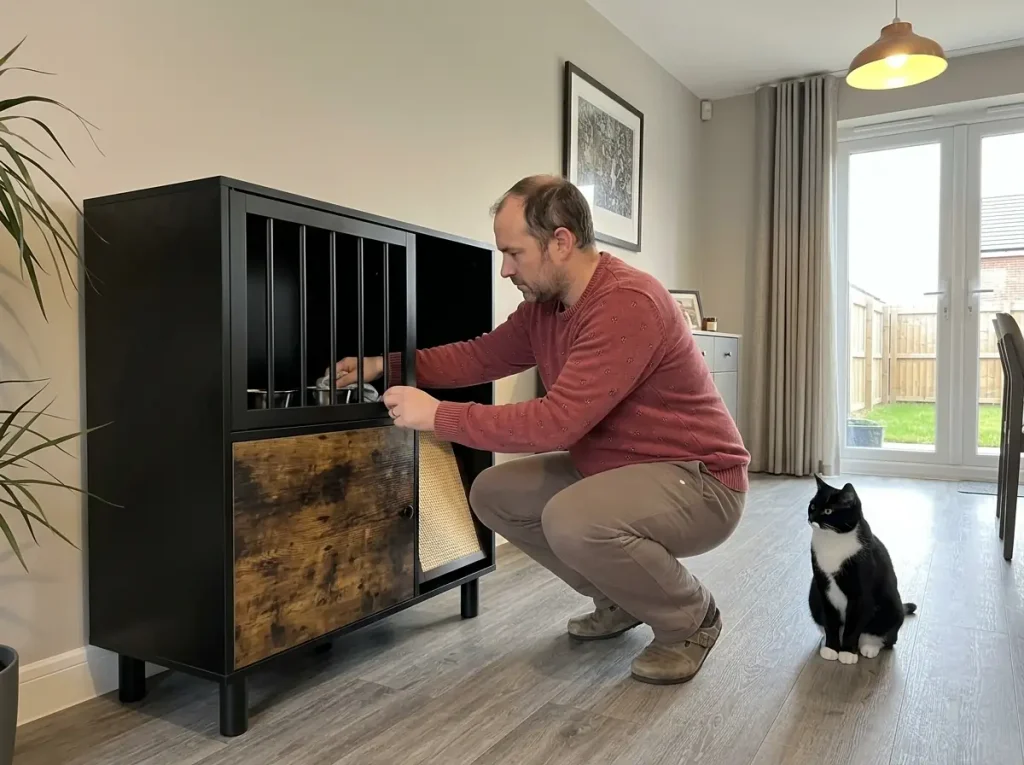 Man wiping out the bowls of an enclosed dog-proof cat feeding cabinet in a dining corner