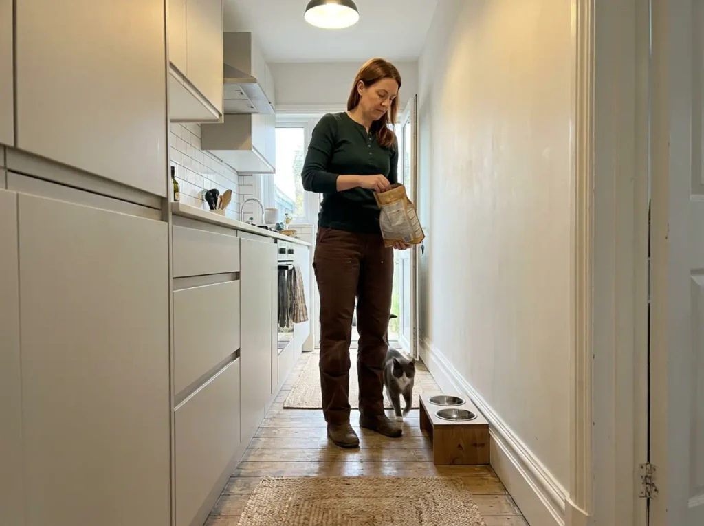 A raised feeding station placed along an open wall in a narrow kitchen rather than in the corner