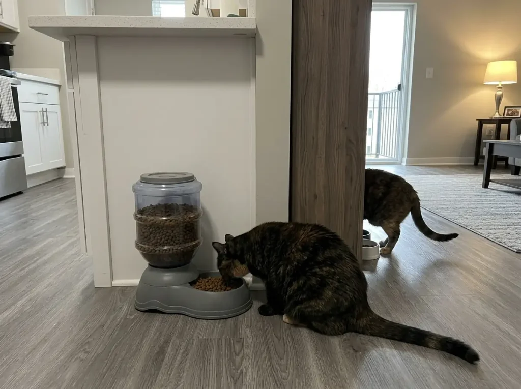 A gravity cat feeder tucked beside a bookcase in a small rental, with a cat eating out of sight of the other