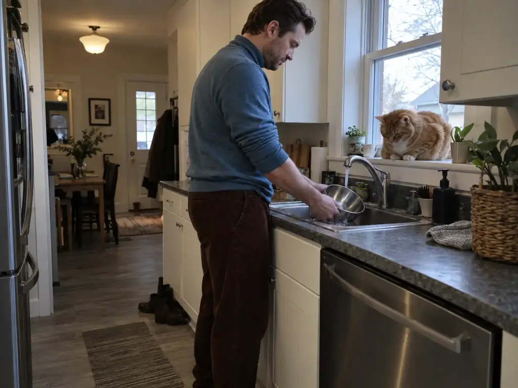Man washing a cat bowl by hand at the kitchen sink with the dishwasher closed behind him