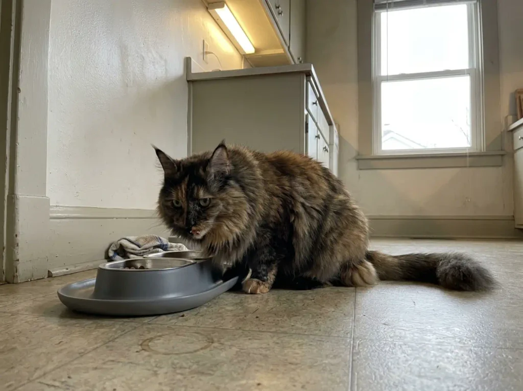 Stainless steel elevated cat bowl set on a kitchen floor with a long-haired cat eating