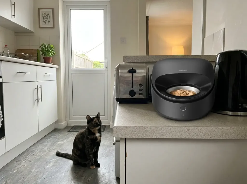 Refrigerated wet food feeder taking up counter space beside a toaster in a small kitchen