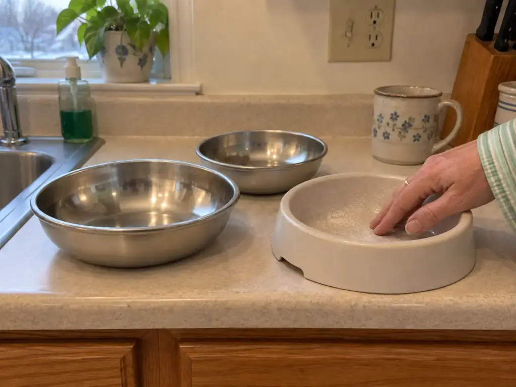 Stainless steel cat bowls on a kitchen counter beside a scratched old plastic bowl