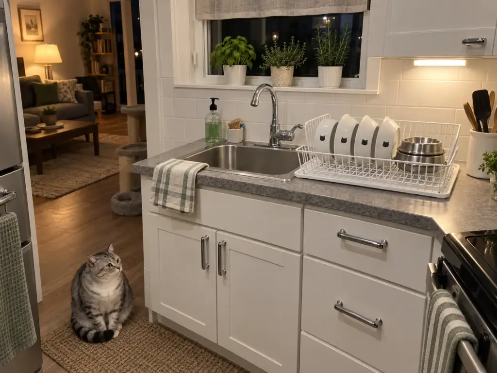 Two sets of cat bowls on a drying rack beside a small single sink, a tabby cat sitting on the kitchen mat