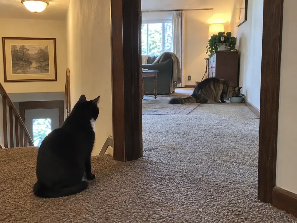 One cat drinking at a water bowl in a doorway while a second cat waits further back
