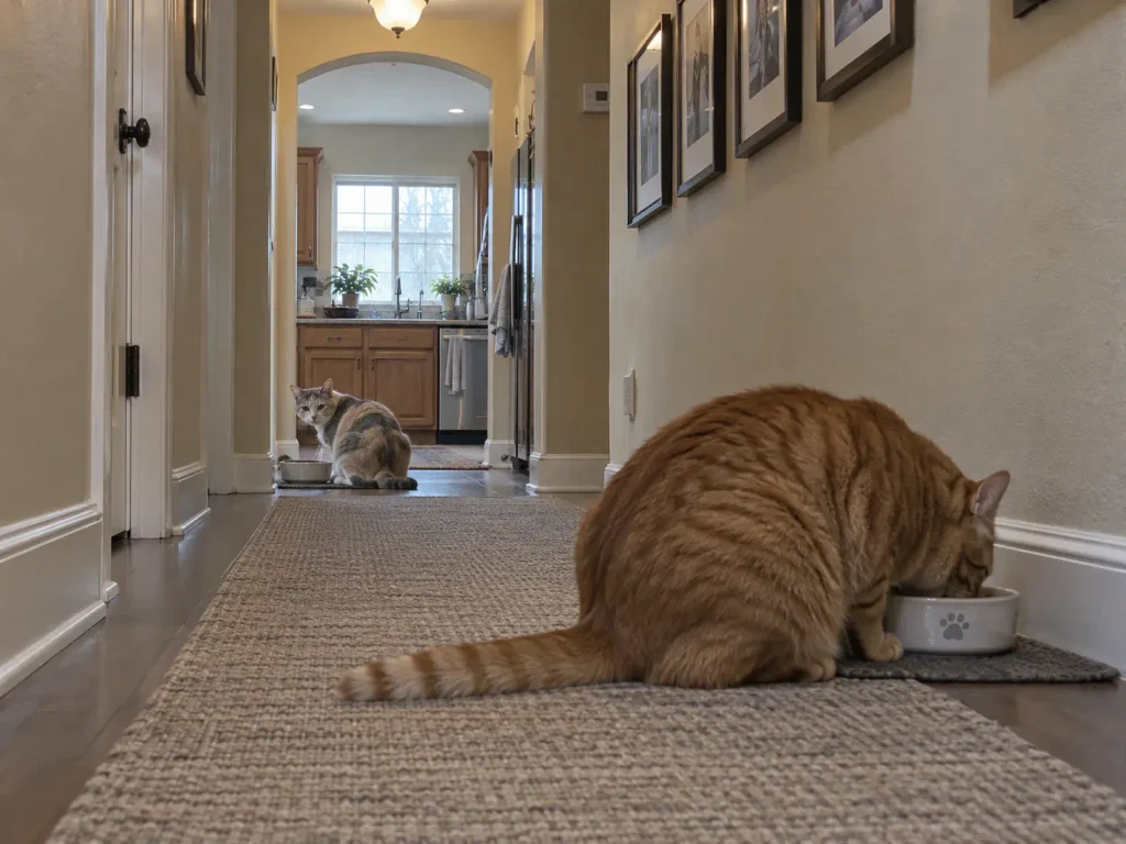 Two cats eating from separate bowls in different rooms, seen down a hallway