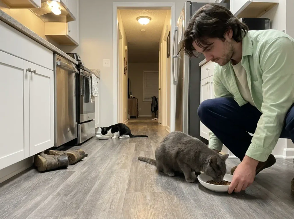 Two cats eating from matching shallow ceramic bowls placed far apart in a rental kitchen