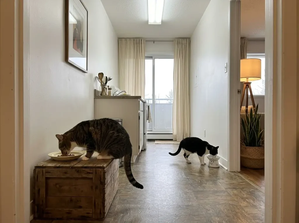 Two cats eating at separate raised stations on opposite sides of a small kitchen