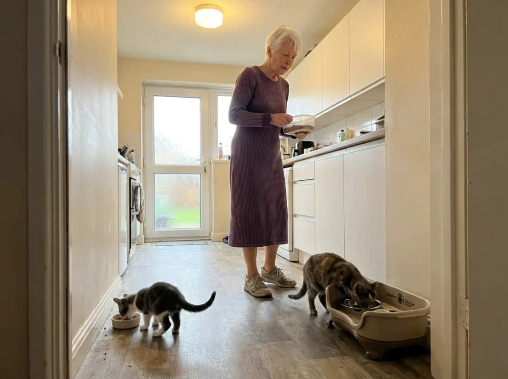 Two cat feeding stations at different heights spaced apart in a small kitchen