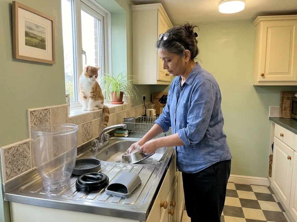 Woman washing the stainless bowl and dismantled parts of an automatic cat feeder at a kitchen sink