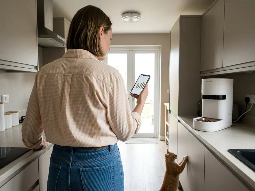 Checking the per-meal feeding log on a phone beside a weighing automatic cat feeder