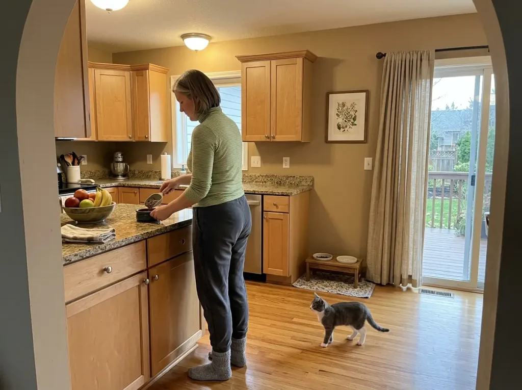 Elevated cat feeding station in a kitchen corner out of the walkway