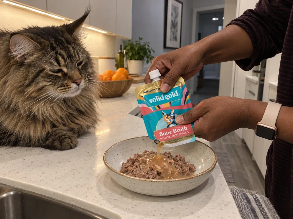 Hands squeezing a bone broth topper pouch over a bowl of wet cat food to add moisture