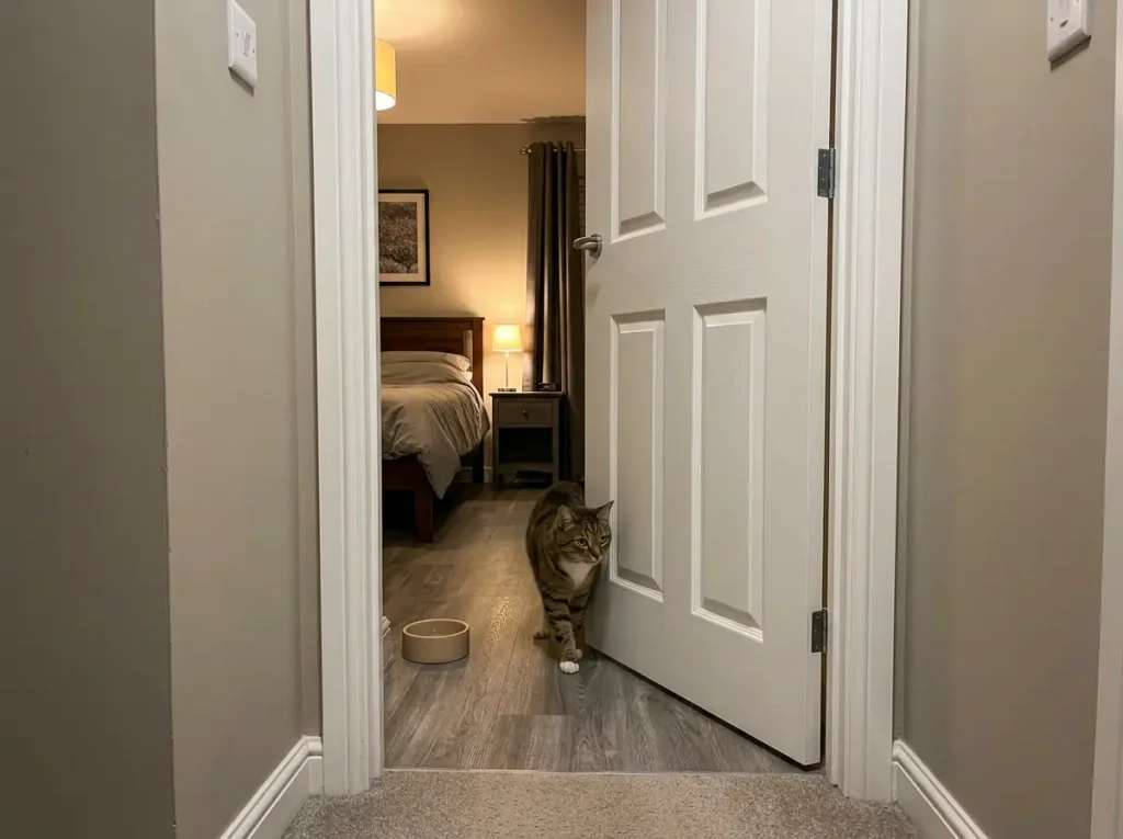Cat walking out through a bedroom door held ajar, with a food bowl visible inside on the floor