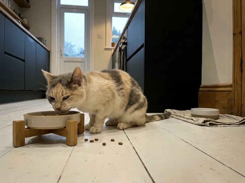 A cat eating from a raised bowl with its shoulders level and the clean floor visible underneath