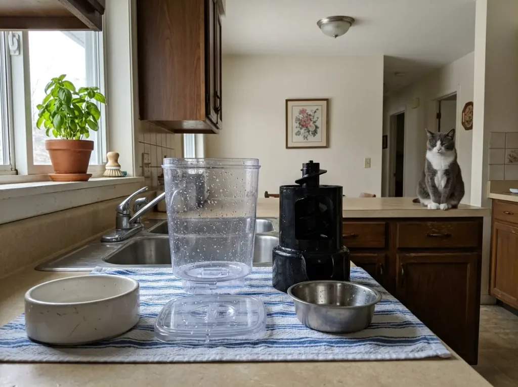 Cat feeder hopper parts washed and draining beside a kitchen sink with a cat on the counter