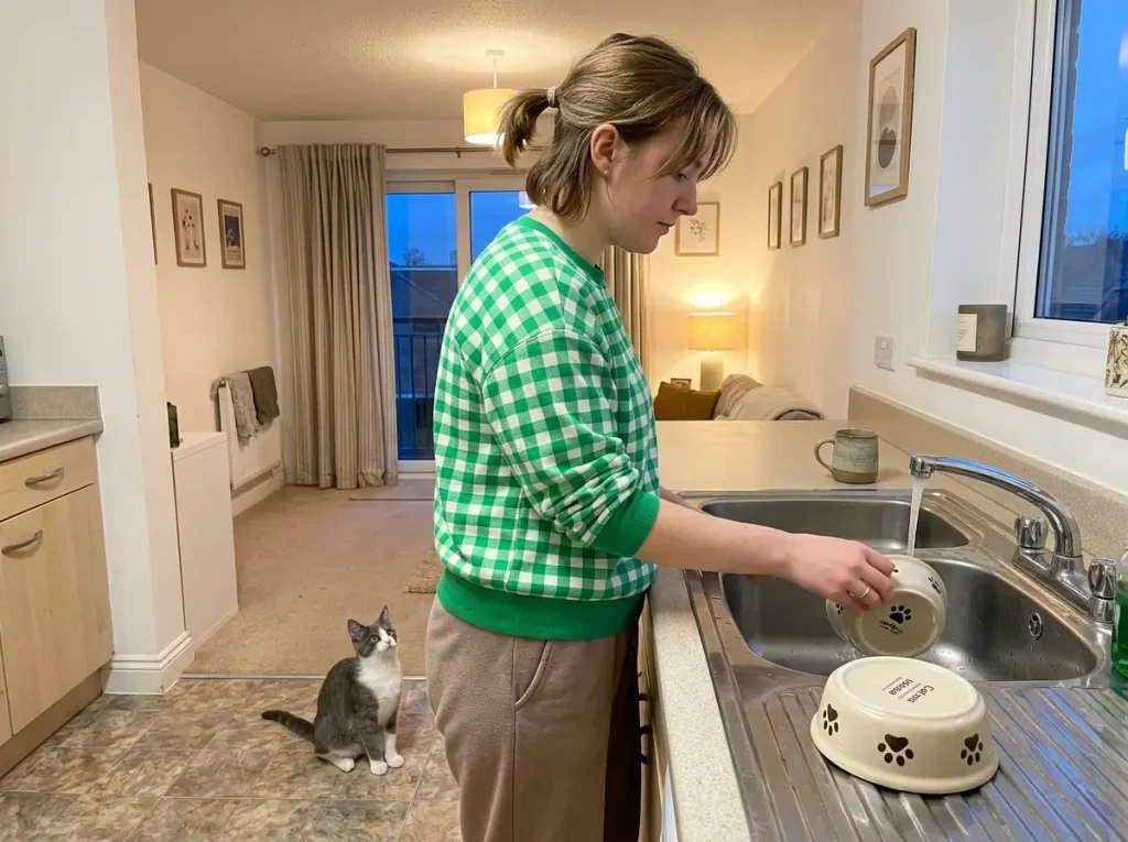 Refilling a cat water bowl at the kitchen sink three weeks into a routine