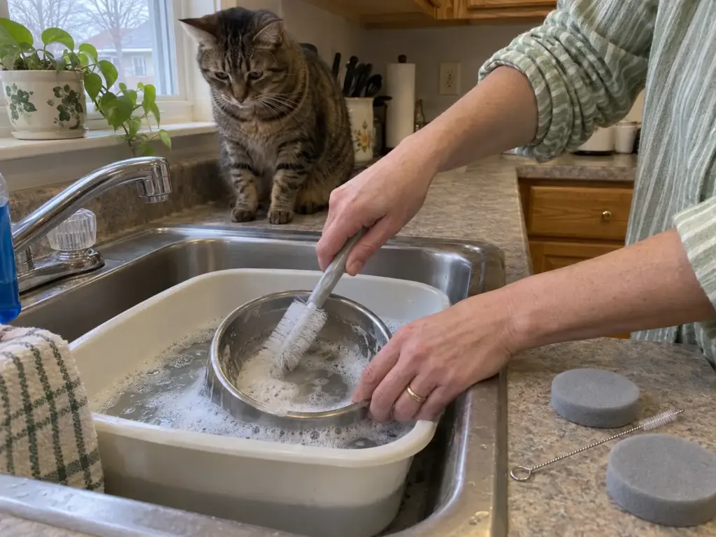 Long-handled brushes and a cat bowl in a washing-up basin at a kitchen sink