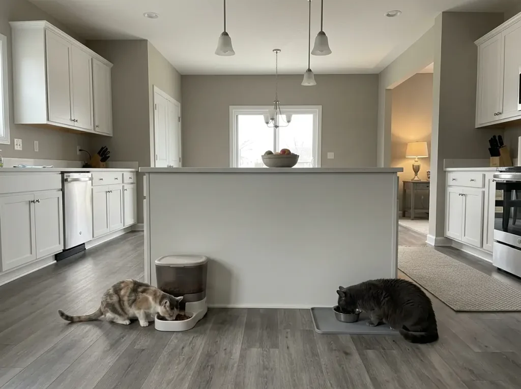 Two cats eating at separate stations at opposite ends of a kitchen island