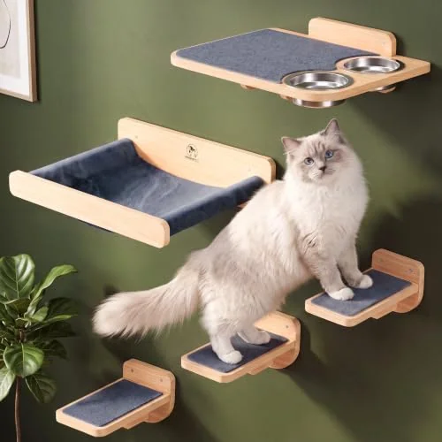 Cat Wall Shelves, Wall Mounted Cat Shelves with Feeding Station