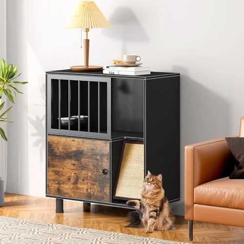 Dog Proof Cat Feeding Station with Scratching Board, Elevated Bowls and Pet Food Storage