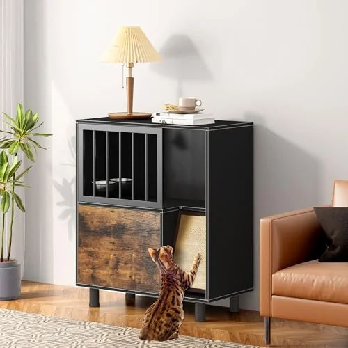 Dog-Proof Wood Cat Feeding Station with Lockable Storage and 2 Removable Stainless Steel Bowls