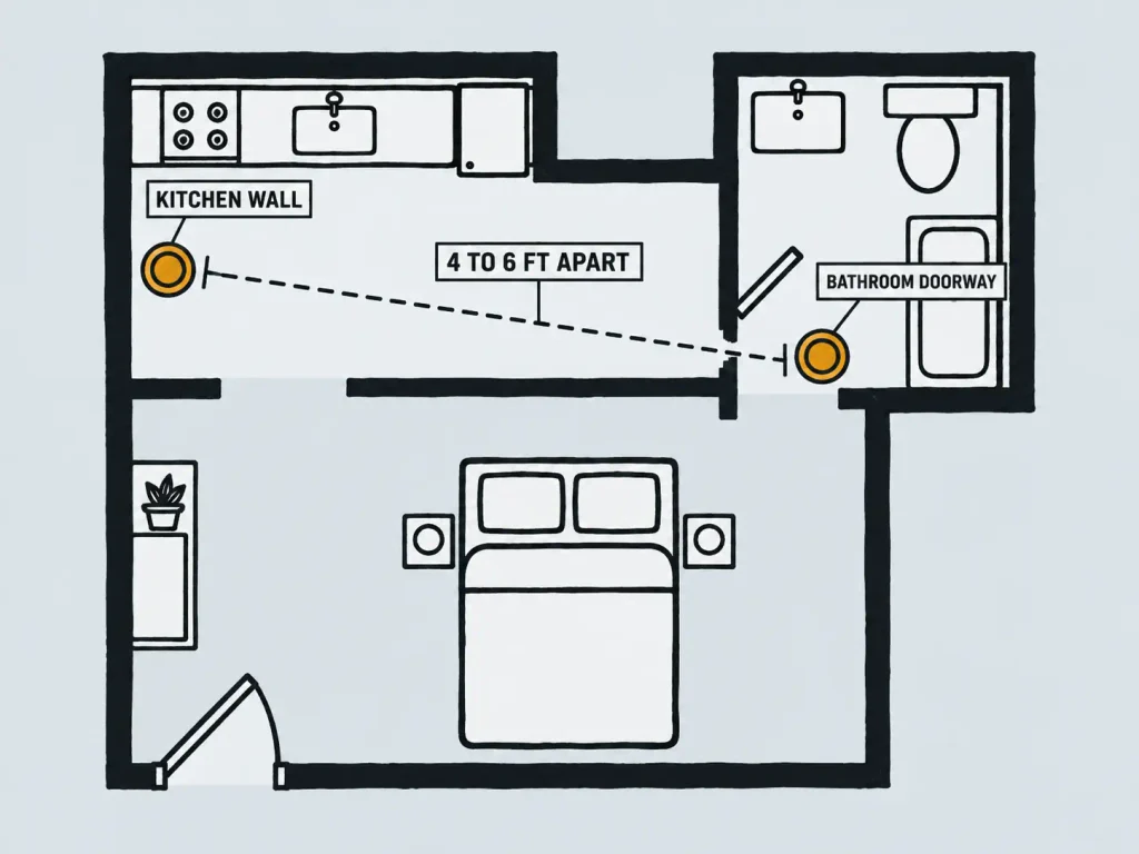 Linocut-style overhead floor plan of a one-bedroom apartment marking two cat feeding station spots with the distance between them labeled