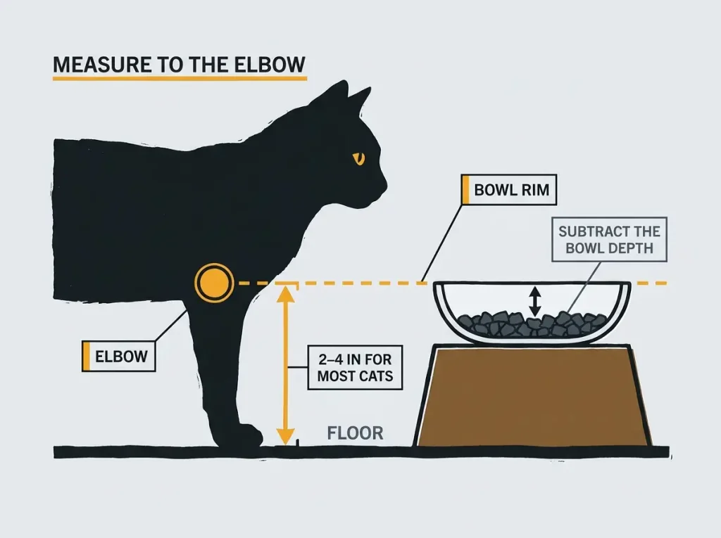 Side-view linocut diagram measuring floor to a standing cat's elbow with the bowl rim set level on that same line