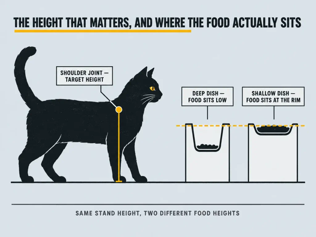 Side-view diagram of a cat's shoulder-joint landmark with a comparison showing how a deep dish versus a shallow dish changes food height at the same stand height