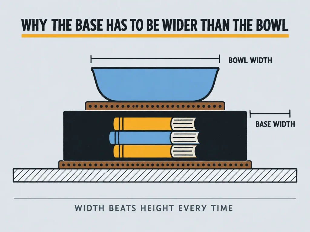 Side-on cross-section of a DIY cat bowl riser showing floor, non-slip liner, weighted base and bowl, with the base wider than the bowl