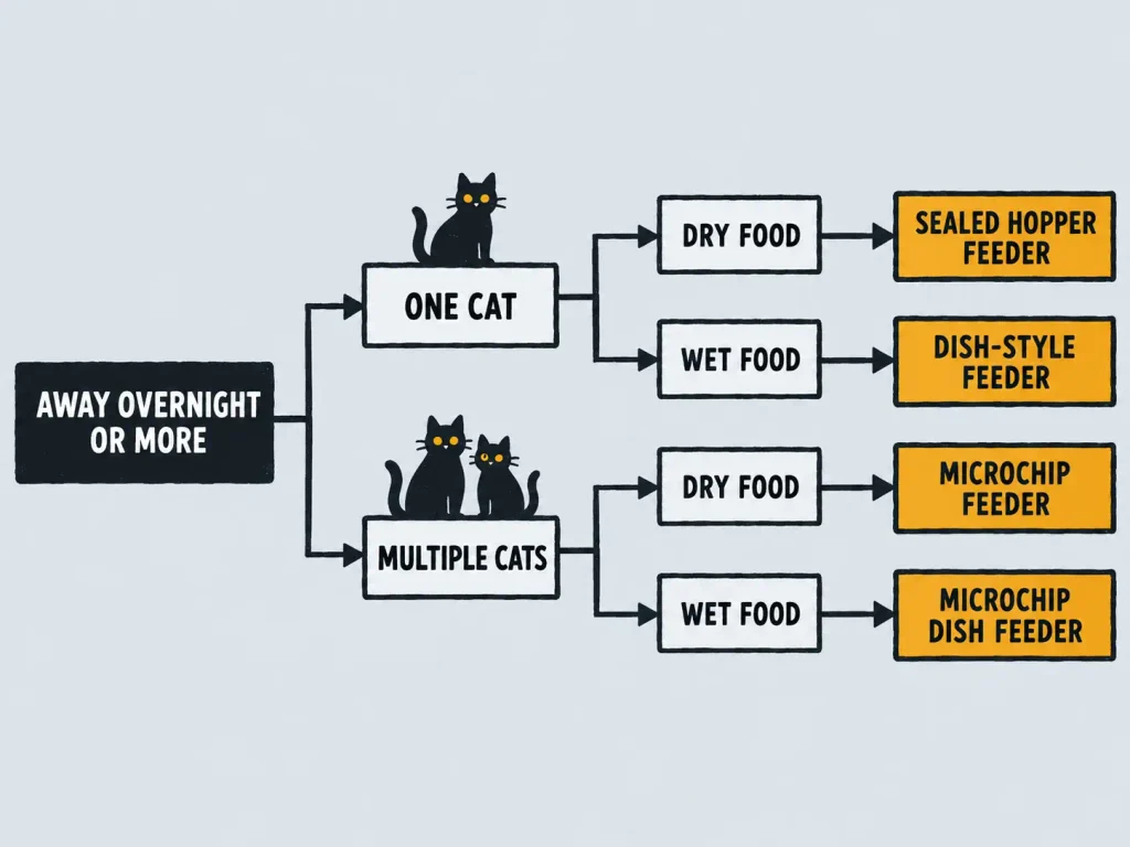 Linocut-style decision tree diagram showing how away-time, cat count, and dry vs wet food determine which automatic feeder type to buy
