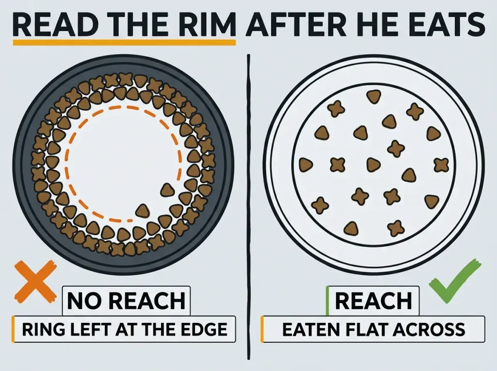 Overhead linocut comparison of a bowl with an uneaten ring of kibble at the rim beside a flat plate eaten evenly