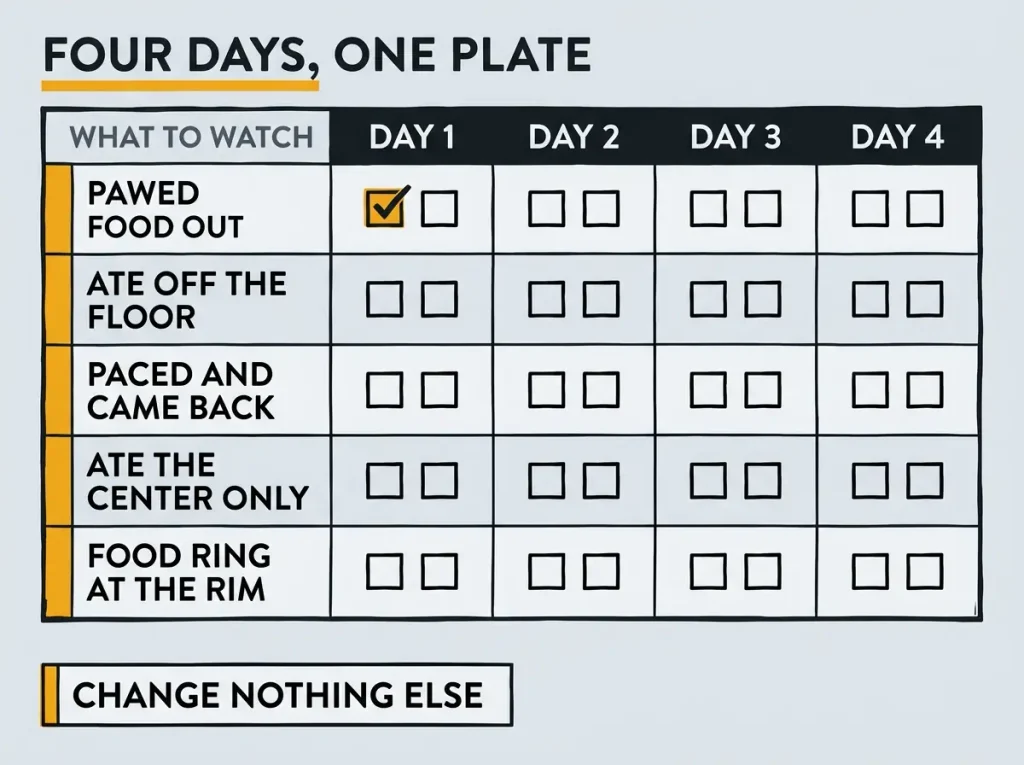 Linocut four-day tracking grid with five mealtime behaviors to tick off while testing a flat plate instead of a bowl
