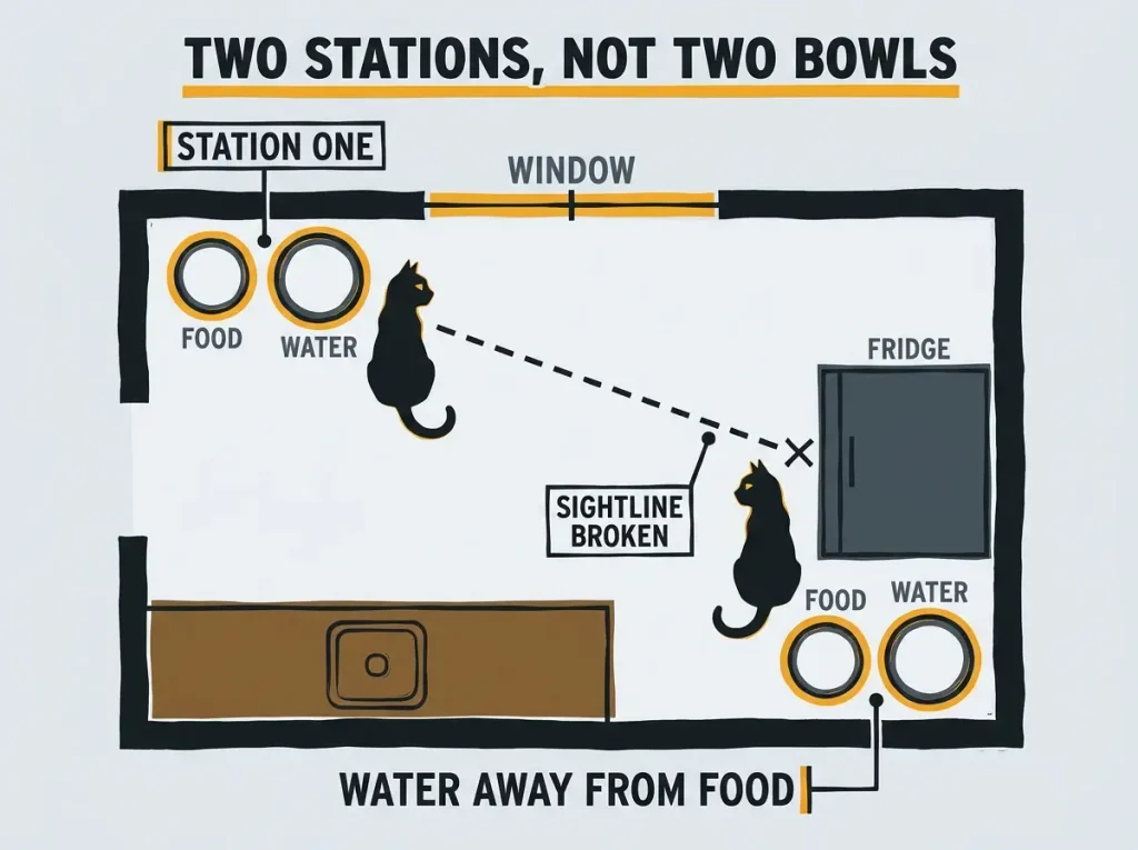 Overhead linocut floorplan of a small kitchen with two cat feeding stations placed apart and water set away from food