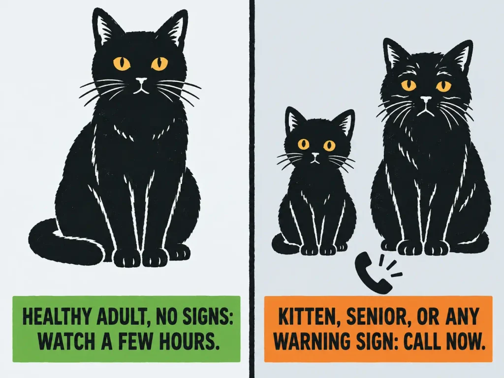 Linocut-style two-column split graphic comparing a healthy adult cat with no symptoms against a kitten, senior, or cat with warning signs after not drinking water
