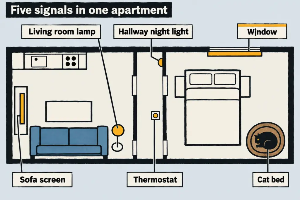 Floor plan of a one-bedroom apartment with labeled lamp, night light, sofa screen, thermostat and window around the cat bed