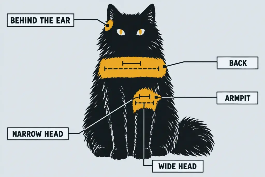 Front-on diagram of three long-haired cat body zones with two brush head widths overlaid to compare fit