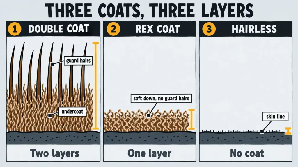 Cross-section diagram of three cat coats side by side: double coat, rex coat and hairless skin, with labeled layers.