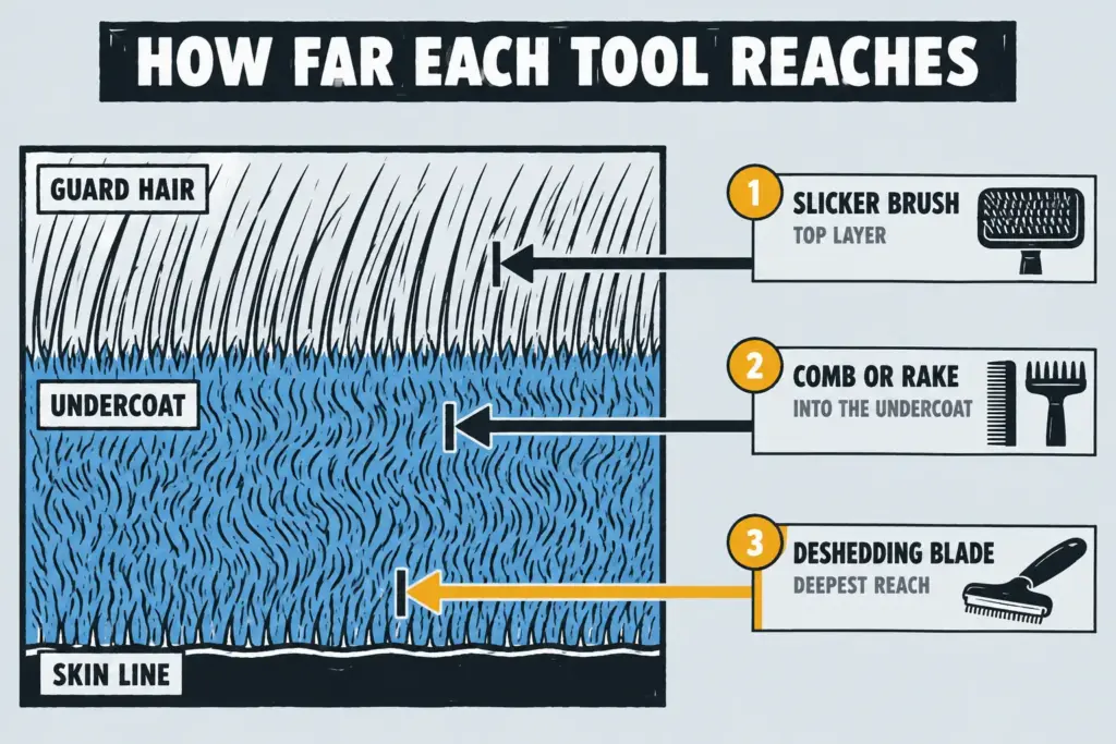 Diagram of a cat coat in three bands showing how far a slicker, a comb or rake and a deshedding blade reach