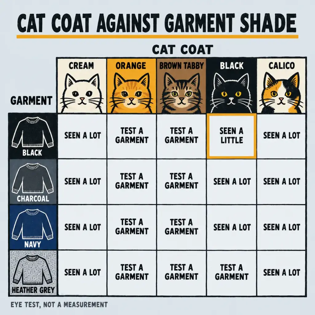 Grid comparing cat coat colors against garment shades, showing which pairings make cat hair seen a lot or a little