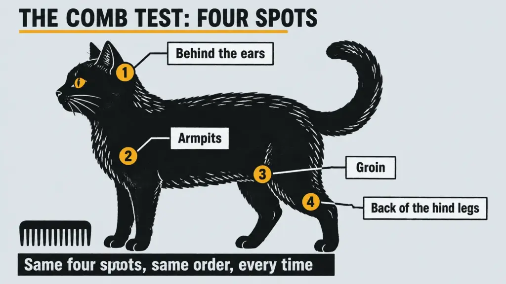 Cat silhouette map showing the four comb-test spots: behind the ears, armpits, groin and back of the hind legs