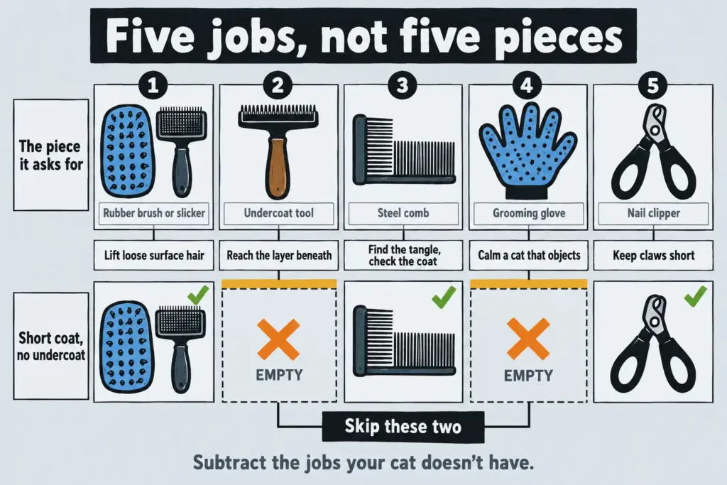 Chart mapping the five cat grooming jobs to the tool each needs, with two empty slots for a short-haired cat