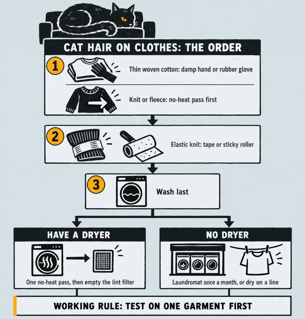 Step-by-step roadmap for removing cat hair from clothes by fabric, with a no-dryer laundromat and line-drying branch