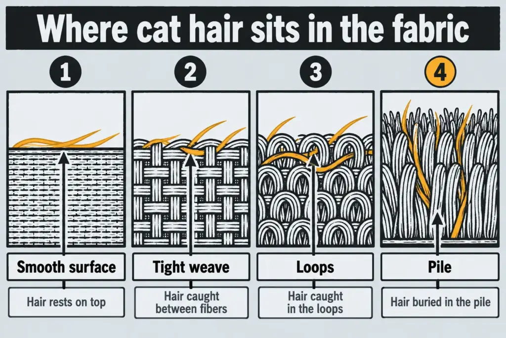 Labeled cross-section of four sofa fabrics showing where cat hair sits: smooth surface, tight weave, loops and pile