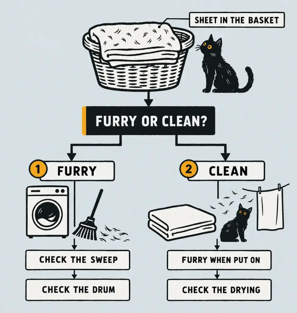 Decision tree: a sheet from the basket is either furry or clean, and each branch names the one fix to check