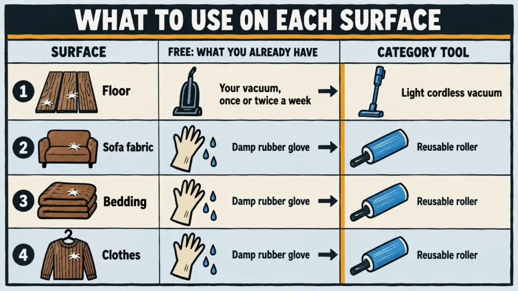Table of four home surfaces showing the free tool you already own and the category tool that replaces it for cat hair