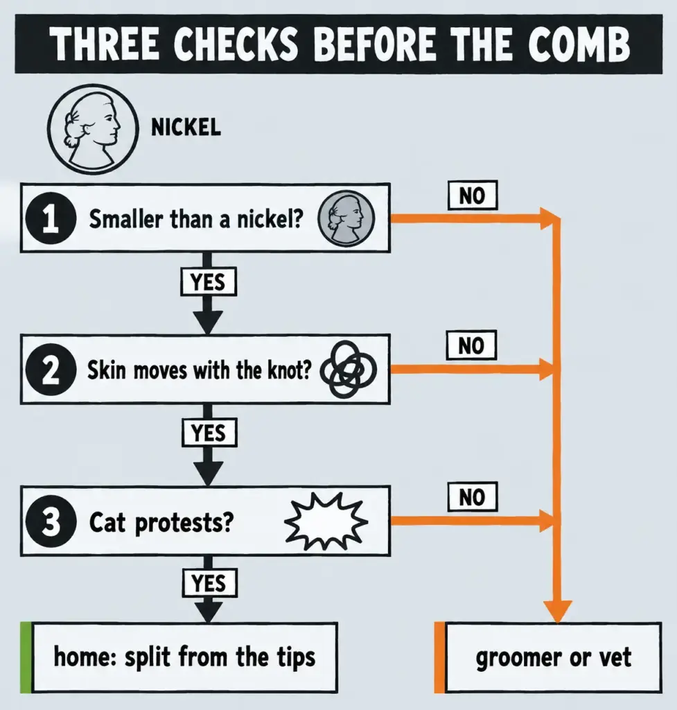 Decision tree for a cat mat: three checks on size, skin movement and cat reaction, ending in home care or a groomer or vet