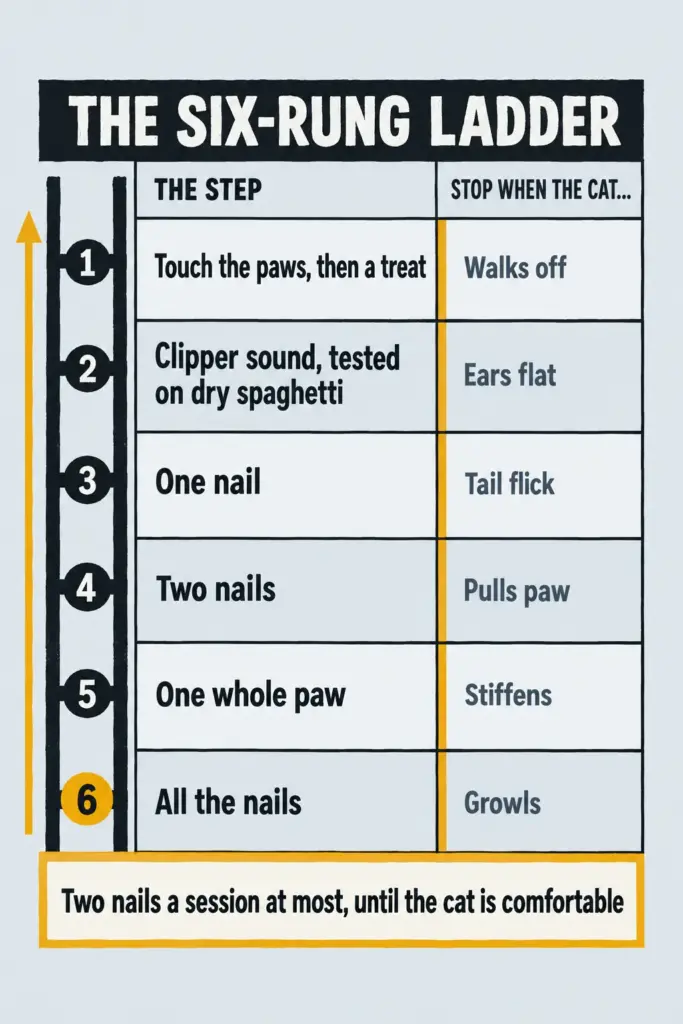 Six-step ladder for trimming cat nails, from touching paws to all nails, with the cat's stop signal beside each step