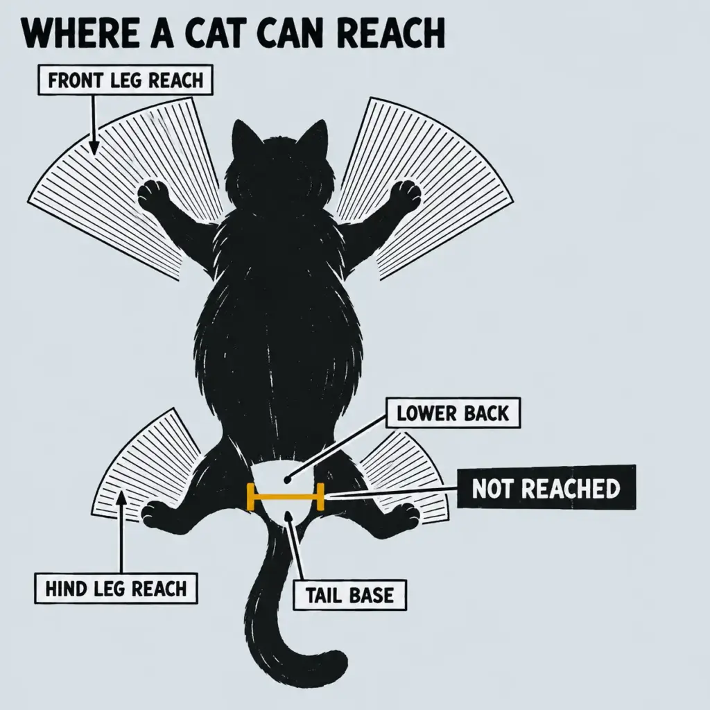 Linocut top-view map of a cat showing which zones its legs reach, with the lower back and tail base left unreached